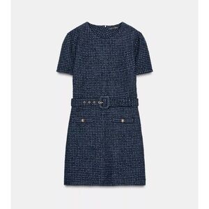 Belted Textured Zara Navy Blue Mini Dress